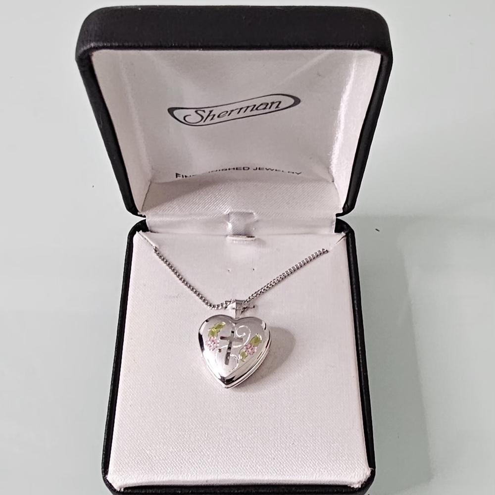 Sherman Jewelry Silver Tone Heart Locket Necklace Cross Floral Enamel Curb Chain